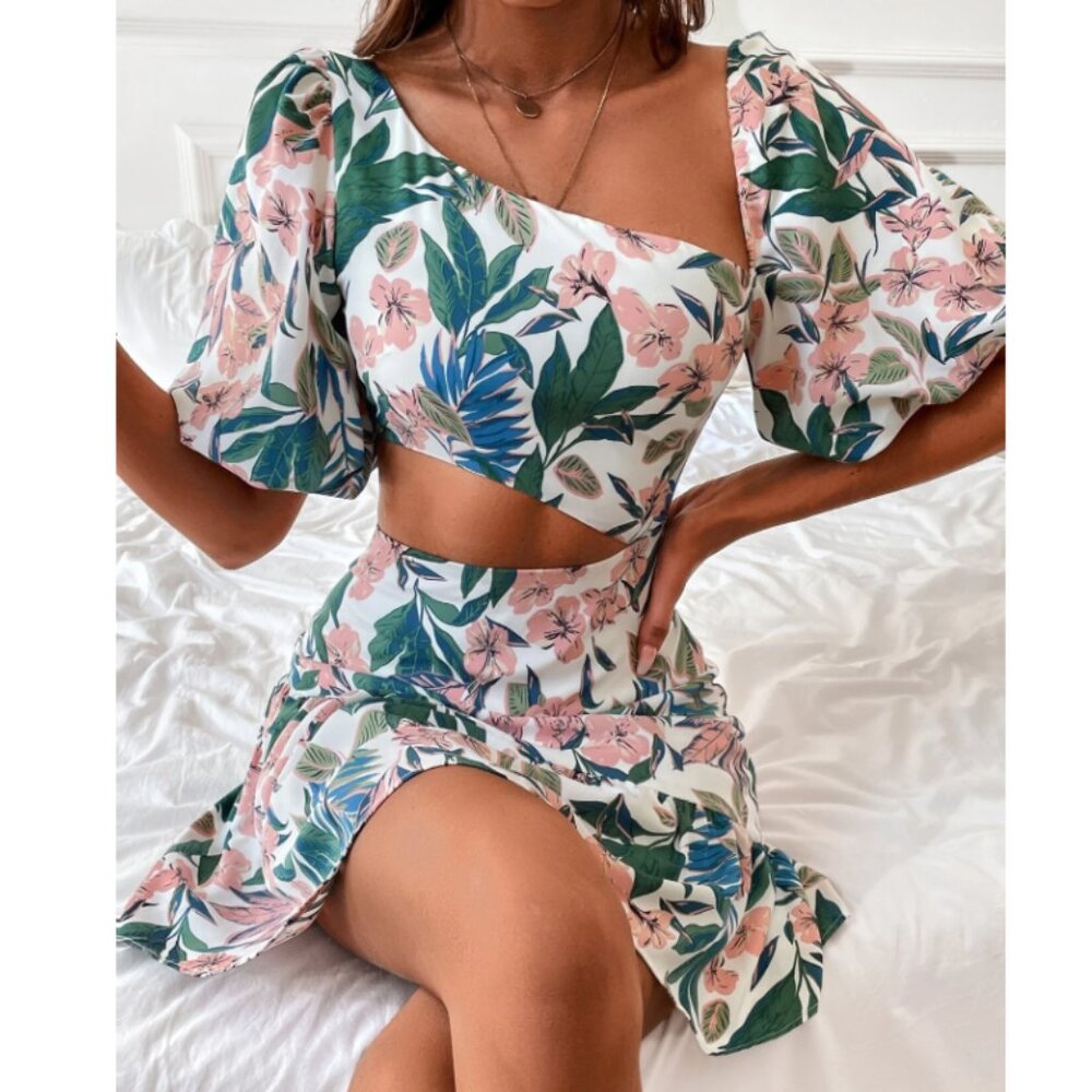 Floral Print Lantern Sleeve Cut Out Asymmetrical Neck Ruffle Hem Dress, Small